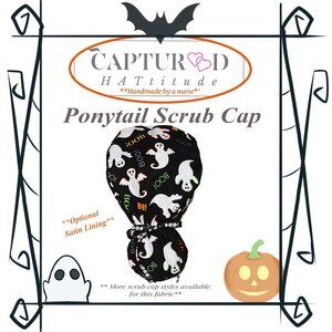 Womens My Halloween Boo, Ghost Ponytail Scrub Cap, Handmade NWOT